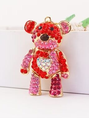Sparkling Teddy Bear Keychain/ Bag Charm- Pink & Red